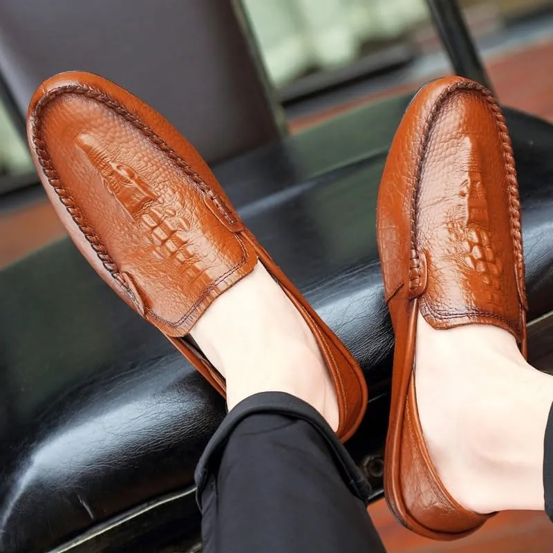 Loafers for Men Round Toe Solid Color Crocodile Print Leather Loafer Shoes Anti-Slip Flexible Lightweight Walking Outdoor Slip On