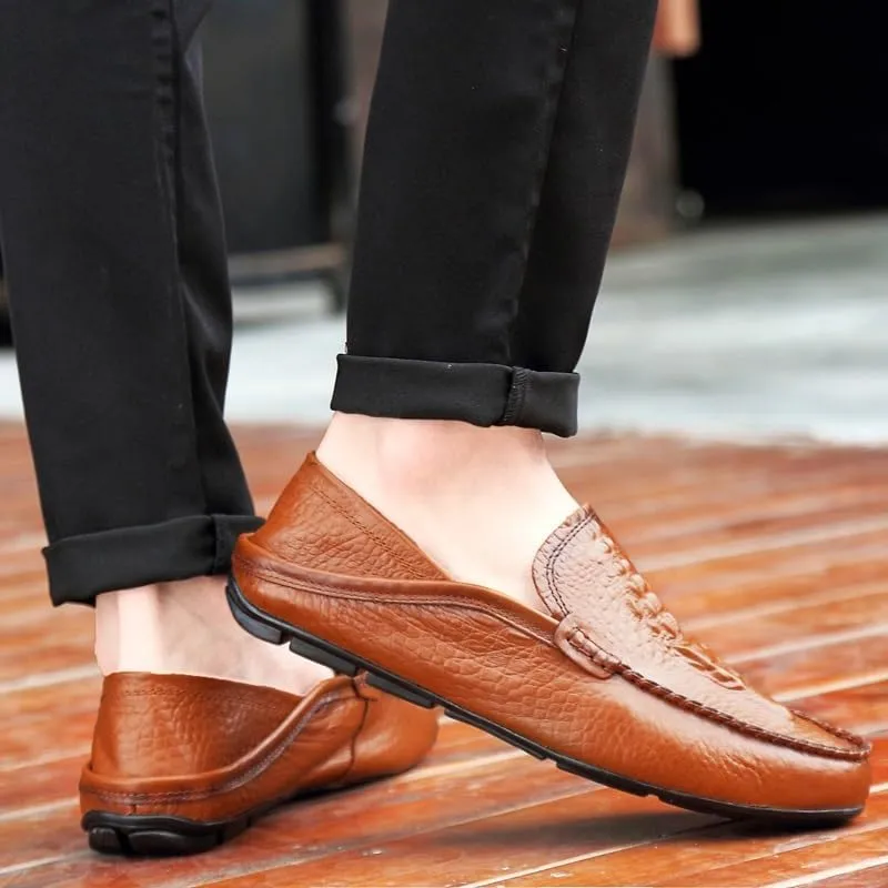 Loafers for Men Round Toe Solid Color Crocodile Print Leather Loafer Shoes Anti-Slip Flexible Lightweight Walking Outdoor Slip On