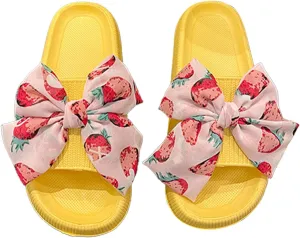 Loizziuy Strawberry Bow Slippers for Women Cute Fruit Design Indoor Flat Slides for Home, Hotel Bathroom Summer