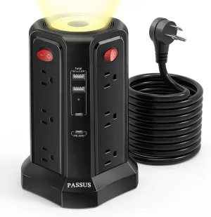Long Surge Protector Power Strip 16 FT Cord, PD20W USB C Power Strip Tower with Night Light, Extension Cord with Multiple Outlets with 4 USB Ports, PASSUS Charging Station Home Office Essentials Black