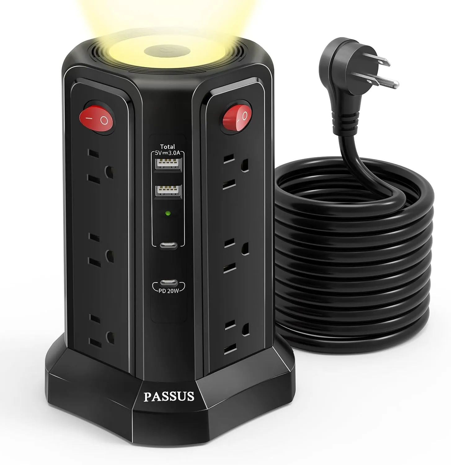 Long Surge Protector Power Strip 16 FT Cord, PD20W USB C Power Strip Tower with Night Light, Extension Cord with Multiple Outlets with 4 USB Ports, PASSUS Charging Station Home Office Essentials Black