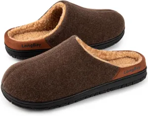 LongBay Men's Fuzzy Sherpa Lined Slippers Warm Memory Foam Non-slip Slippers Slip-on House Shoes for Indoor Outdoor