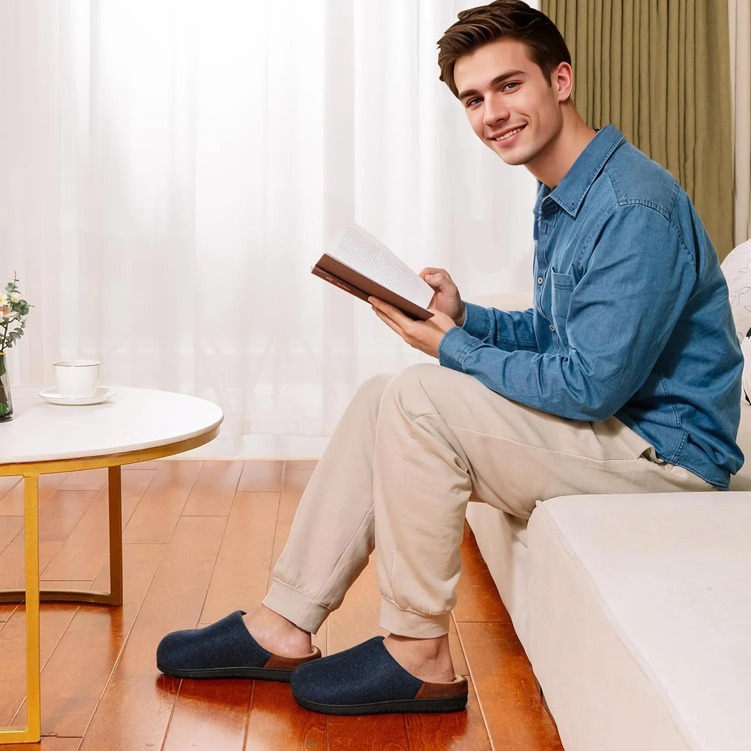 LongBay Men's Fuzzy Sherpa Lined Slippers Warm Memory Foam Non-slip Slippers Slip-on House Shoes for Indoor Outdoor