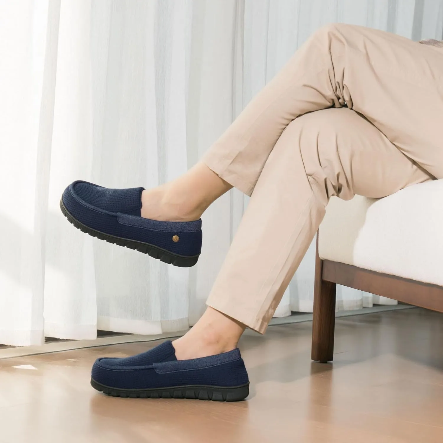 LongBay Men's Memory Foam Loafer Slippers Cozy Waffle Knit Slip on Moc House Shoes for Indoor Outdoor
