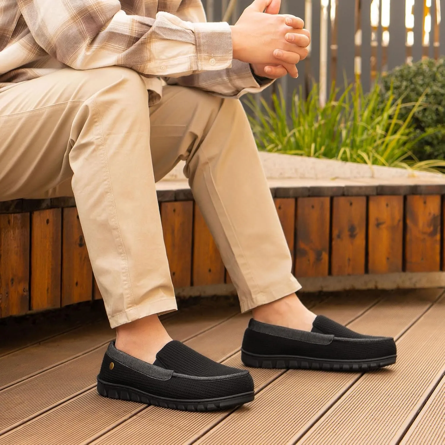 LongBay Men's Memory Foam Loafer Slippers Cozy Waffle Knit Slip on Moc House Shoes for Indoor Outdoor