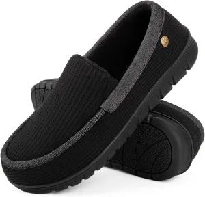 LongBay Men's Memory Foam Loafer Slippers Cozy Waffle Knit Slip on Moc House Shoes for Indoor Outdoor,Black,12