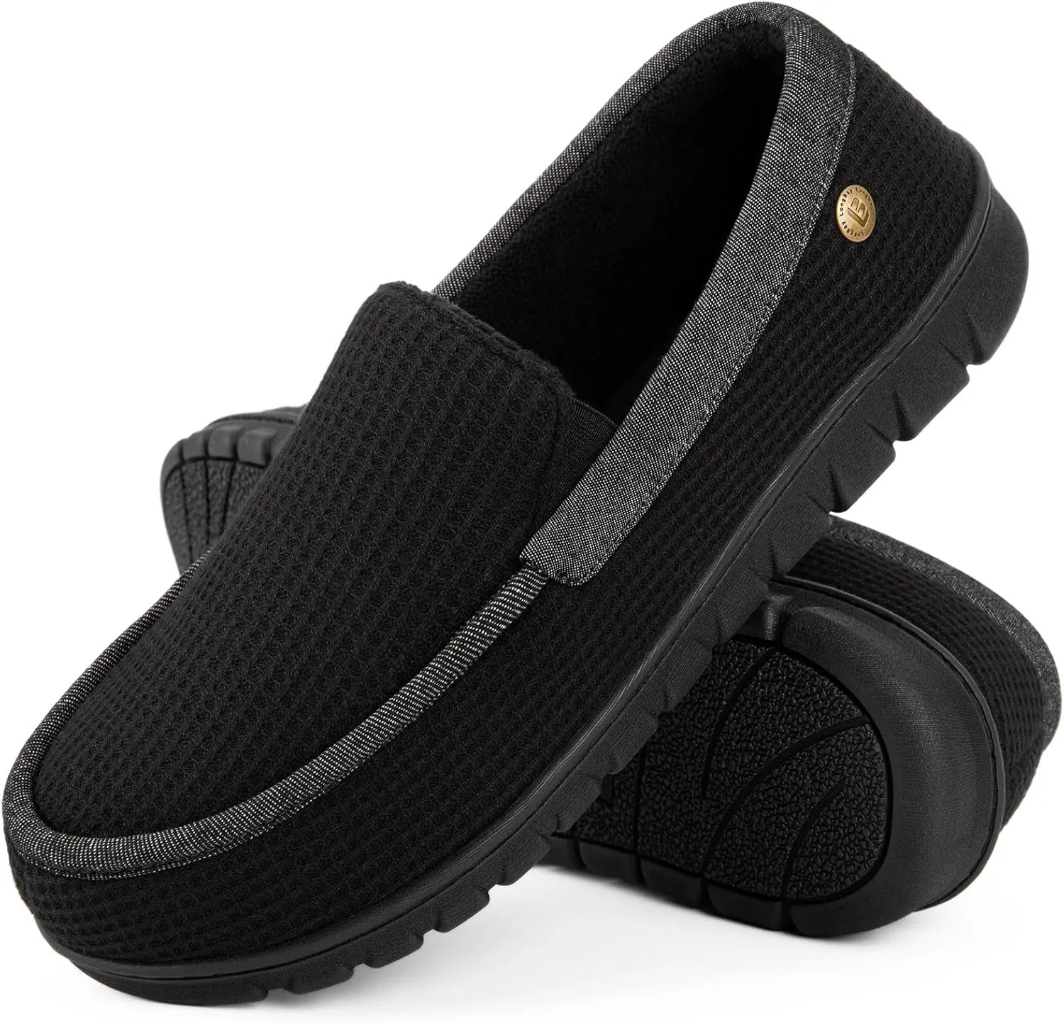 LongBay Men's Memory Foam Loafer Slippers Cozy Waffle Knit Slip on Moc House Shoes for Indoor Outdoor,Black,12