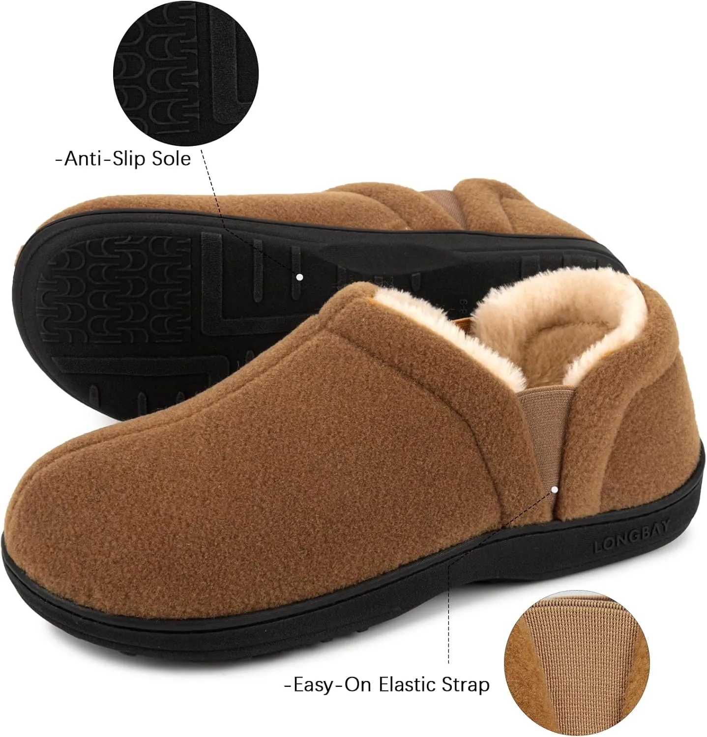 LongBay Men's Slippers Warm Bedroom House Shoes Slip-On Memory Foam Winter House Slippers for Indoor Outdoor
