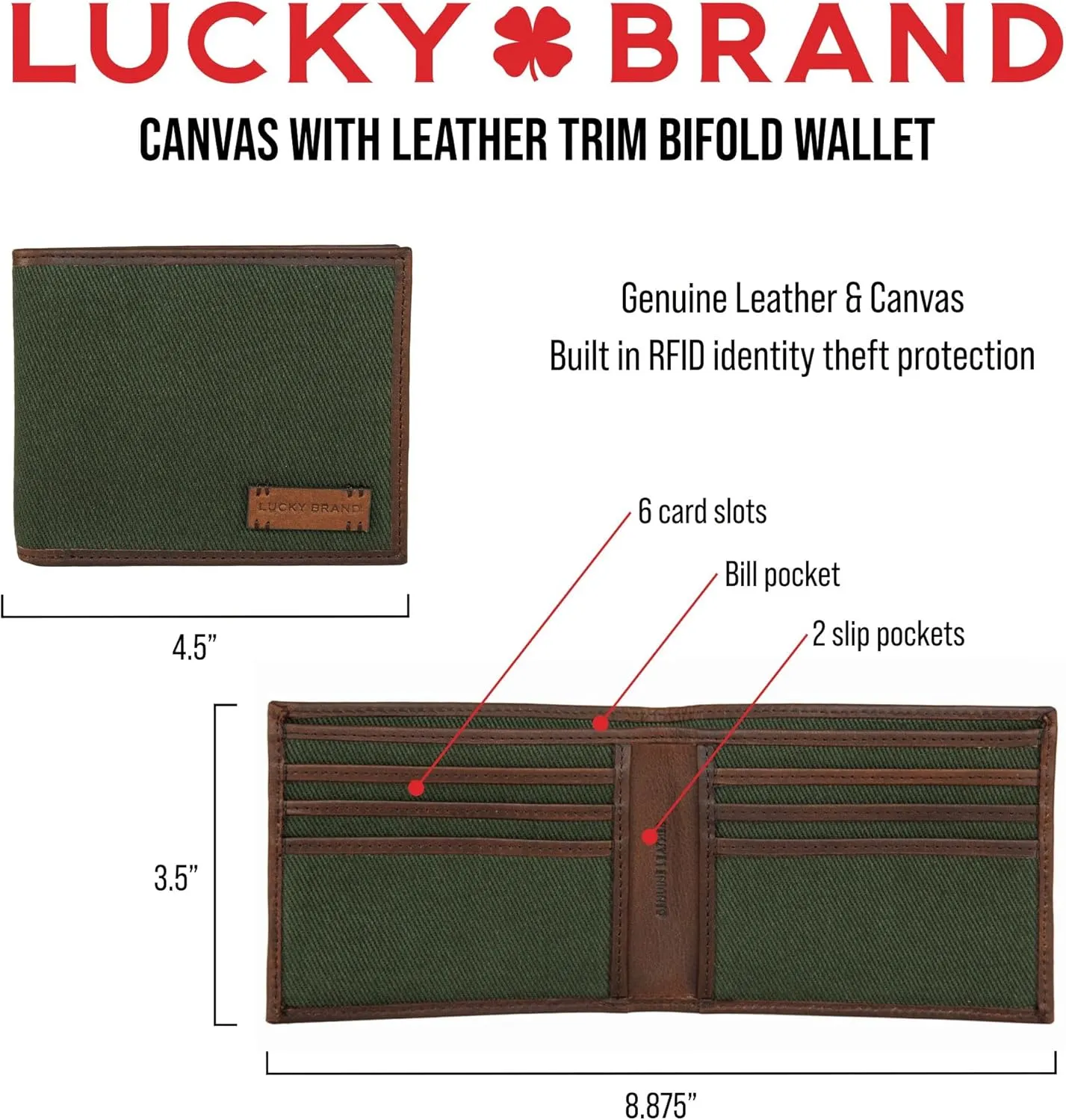 Lucky Brand Men's Bifold Wallet | Id Window | Card Slots | Leather | Organization | Durable | Stylish