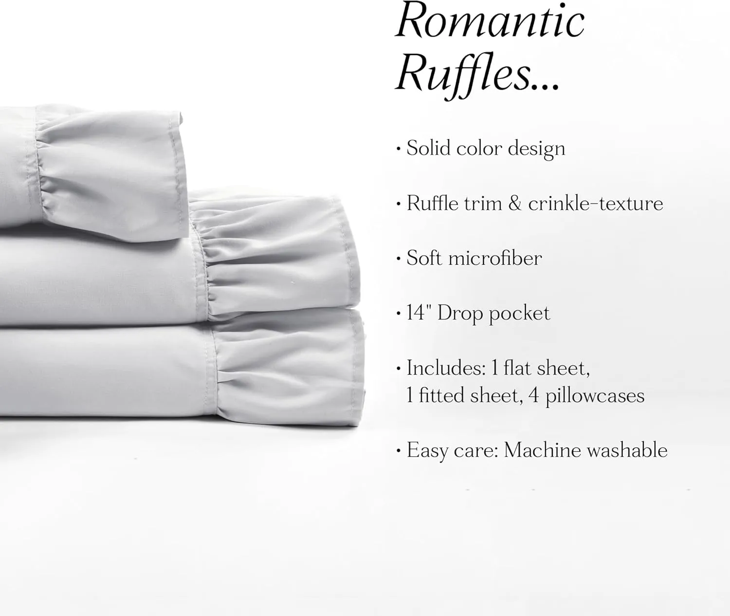 Lush Decor Reyna 4 Piece Ruffle Sheet Set, Queen, Light Gray