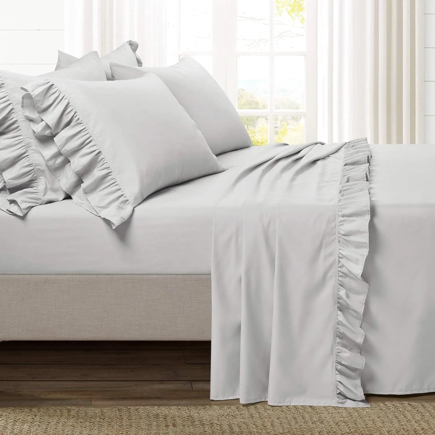 Lush Decor Reyna 4 Piece Ruffle Sheet Set, Queen, Light Gray