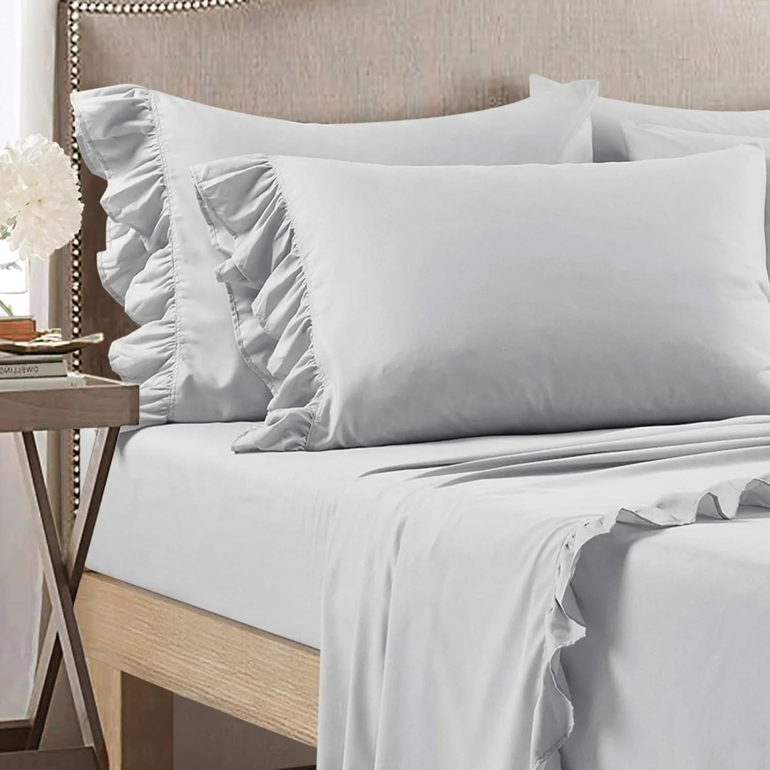 Lush Decor Reyna 4 Piece Ruffle Sheet Set, Queen, Light Gray