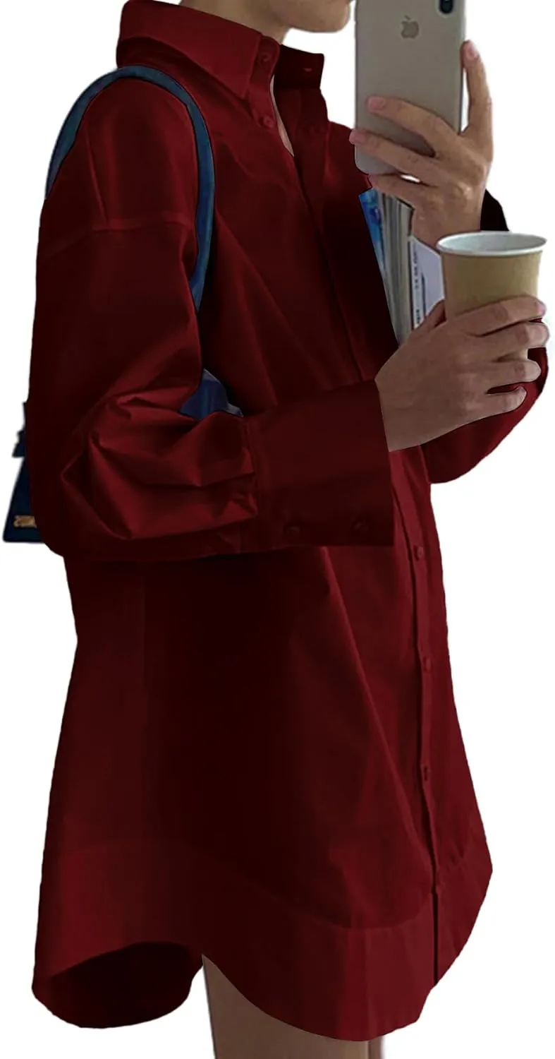 LYANER Women's Casual Shirt Dress Collar V Neck Button Down Loose Long Sleeve Mini Dresses