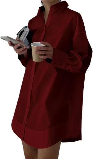 LYANER Women's Casual Shirt Dress Collar V Neck Button Down Loose Long Sleeve Mini Dresses
