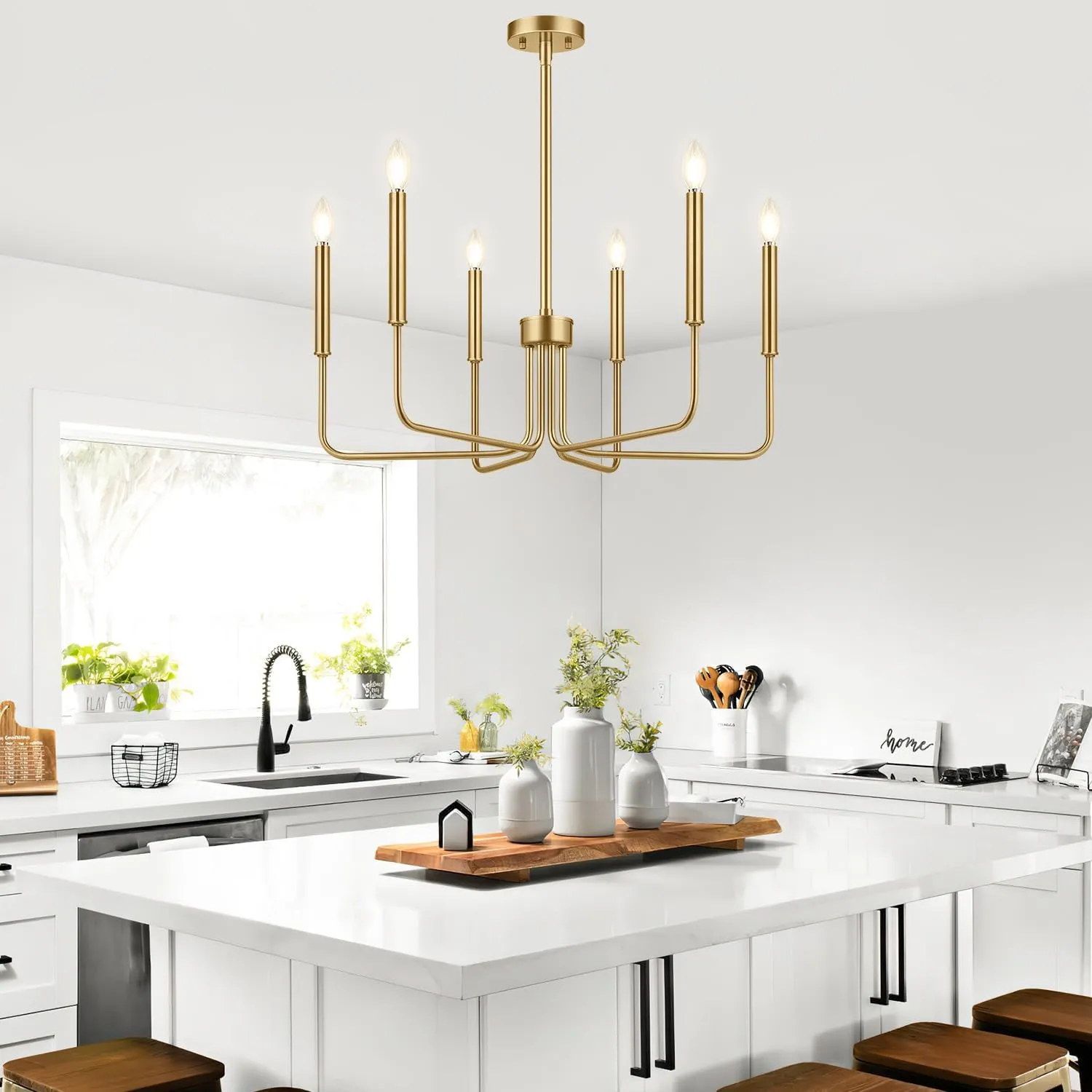 Lynnoland Brass Chandelier, 6-Light Farmhouse Chandeliers for Dining Room Lighting Fixtures Hanging, Vintage Candle Pendant Light Light Fixture for Bedroom, Kitchen, Foyer and Living Room