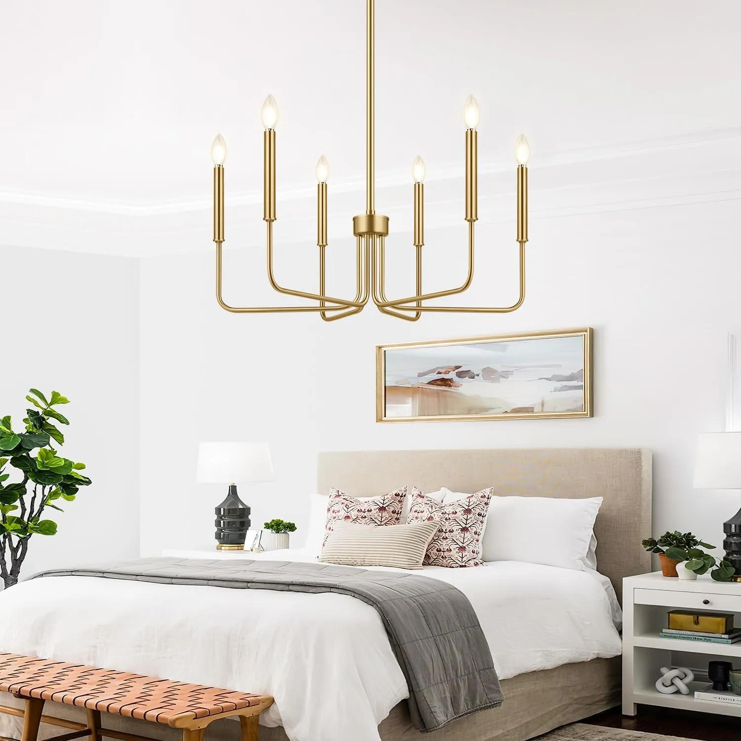 Lynnoland Brass Chandelier, 6-Light Farmhouse Chandeliers for Dining Room Lighting Fixtures Hanging, Vintage Candle Pendant Light Light Fixture for Bedroom, Kitchen, Foyer and Living Room