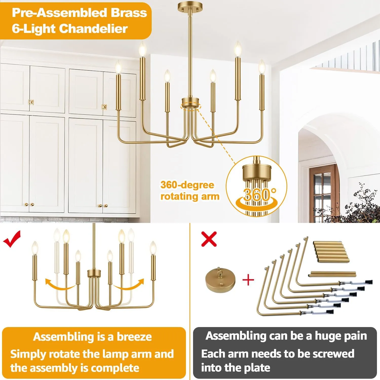 Lynnoland Brass Chandelier, 6-Light Farmhouse Chandeliers for Dining Room Lighting Fixtures Hanging, Vintage Candle Pendant Light Light Fixture for Bedroom, Kitchen, Foyer and Living Room