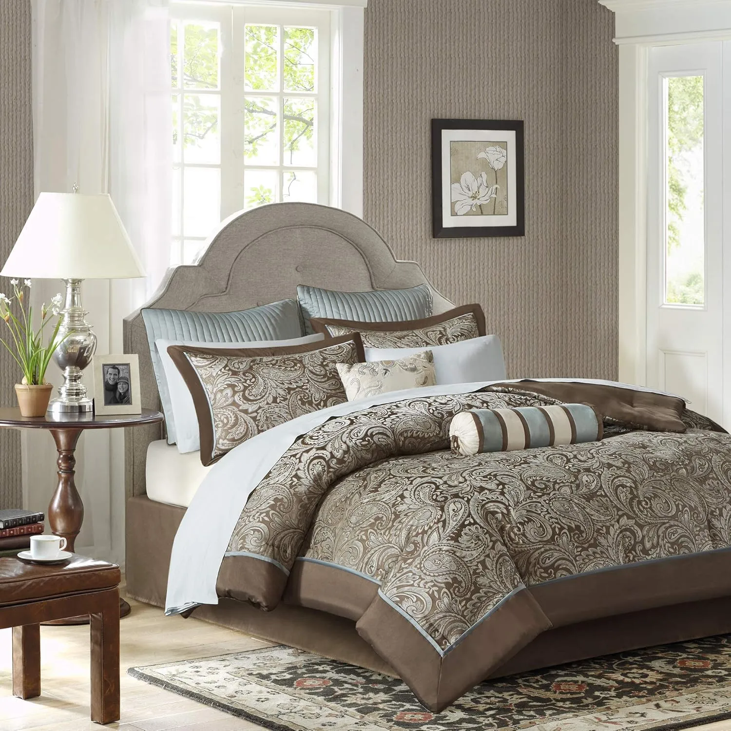 Madison Park Aubrey Cozy Comforter Set, Faux Silk Jacquard Paisley Design - All Season Down Alternative Bedding with Cotton Bed Sheets, Bed Skirt & Toss Pillows, King Blue 12 Piece