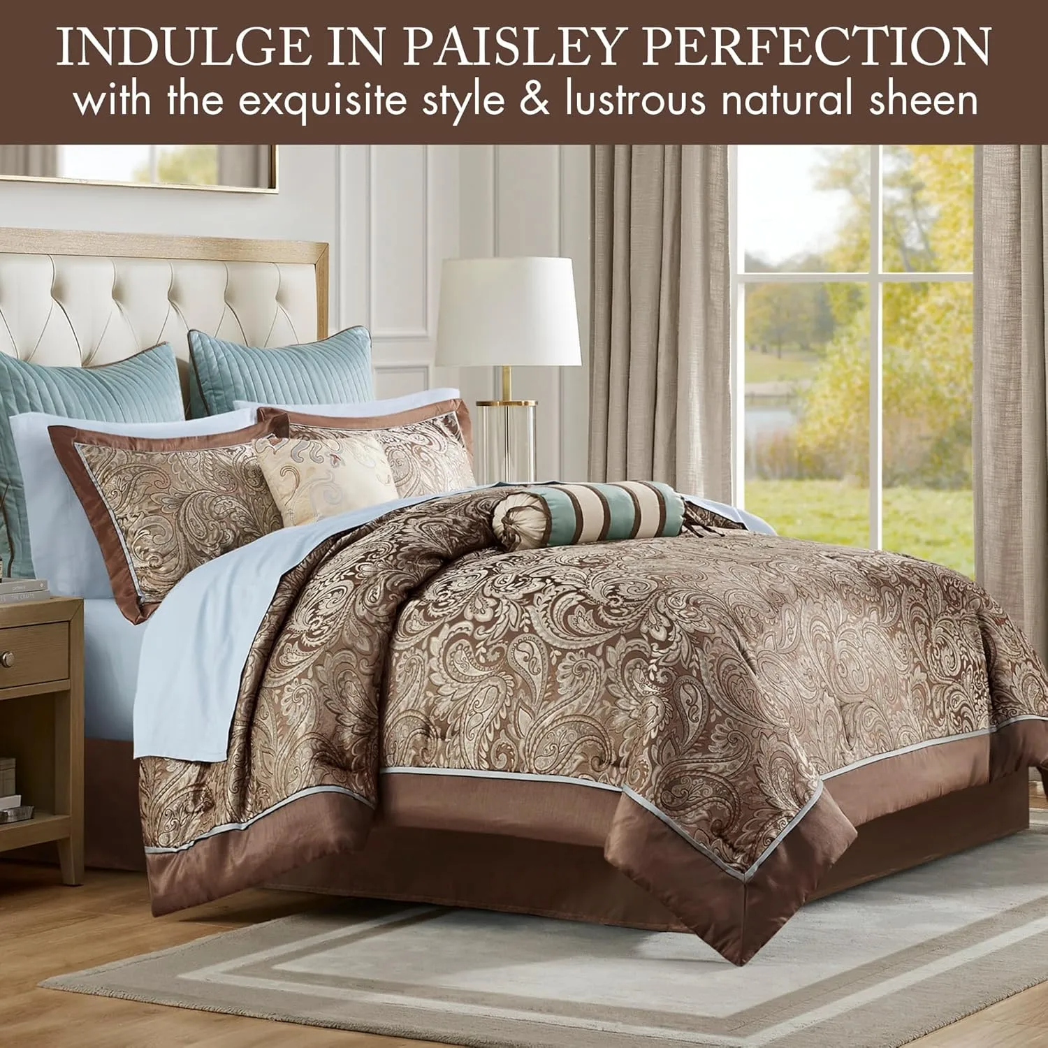 Madison Park Aubrey Cozy Comforter Set, Faux Silk Jacquard Paisley Design - All Season Down Alternative Bedding with Cotton Bed Sheets, Bed Skirt & Toss Pillows, King Blue 12 Piece
