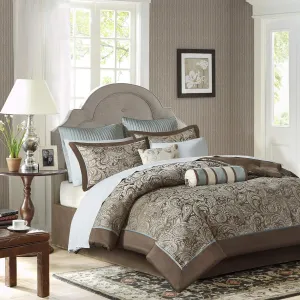 Madison Park Aubrey Cozy Comforter Set, Faux Silk Jacquard Paisley Design - All Season Down Alternative Bedding with Cotton Bed Sheets, Bed Skirt & Toss Pillows, King Blue 12 Piece