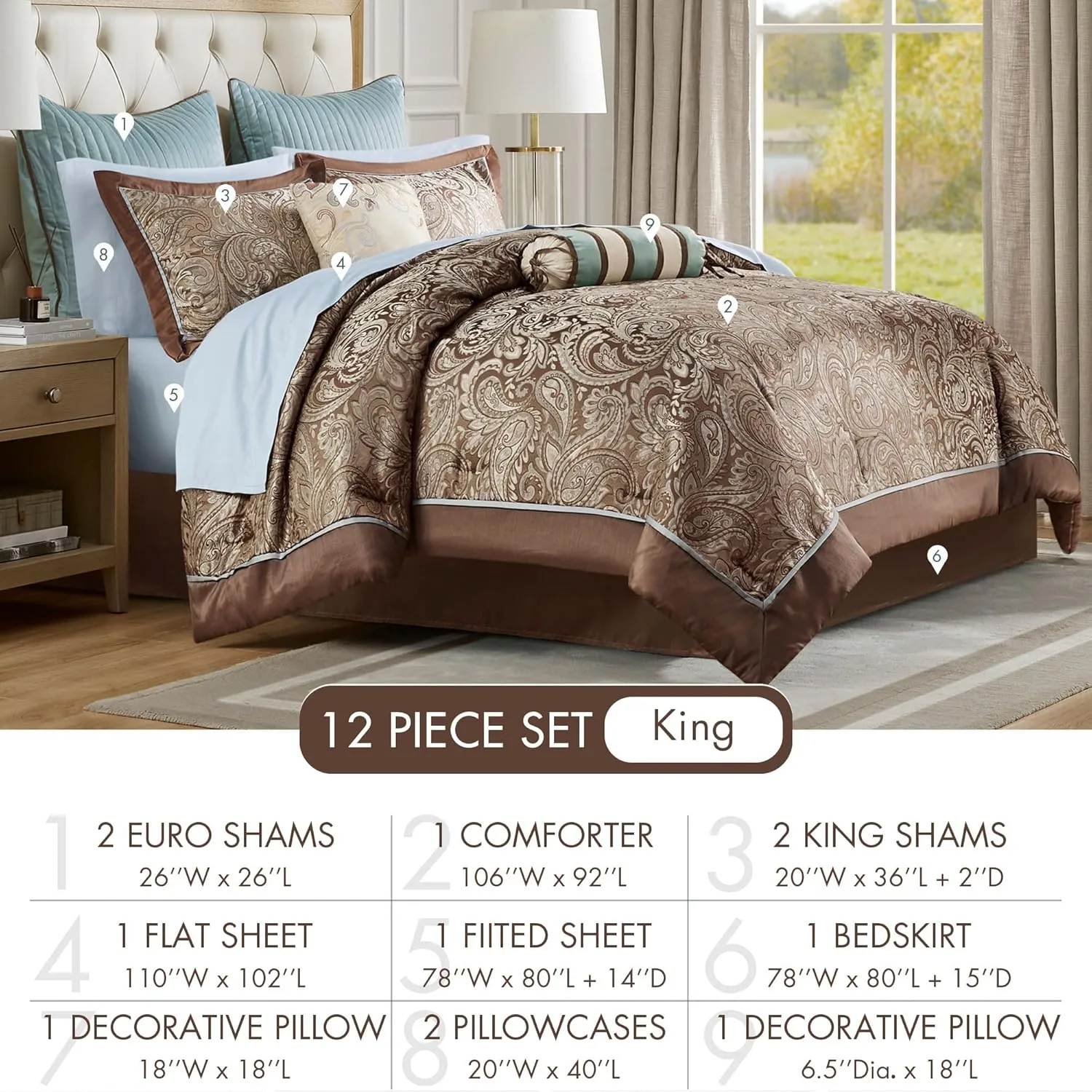 Madison Park Aubrey Cozy Comforter Set, Faux Silk Jacquard Paisley Design - All Season Down Alternative Bedding with Cotton Bed Sheets, Bed Skirt & Toss Pillows, King Blue 12 Piece