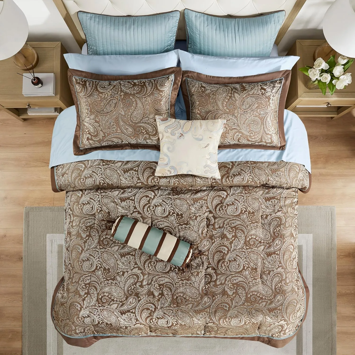 Madison Park Aubrey Cozy Comforter Set, Faux Silk Jacquard Paisley Design - All Season Down Alternative Bedding with Cotton Bed Sheets, Bed Skirt & Toss Pillows, King Blue 12 Piece