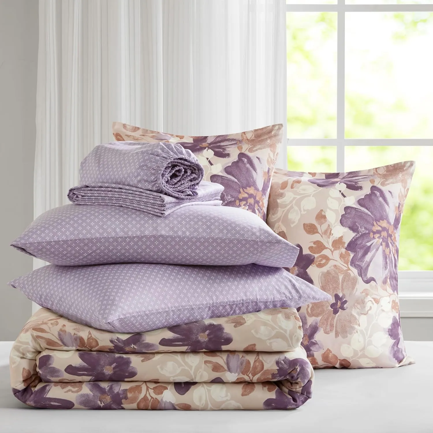 Madison Park Queen Comforter Set with Sheets, Floral Bed in A Bag Microfiber Comforter, Shabby Chic Queen Bedding Set Diamond Printed Sheet, Luna, Taupe 7 Piece