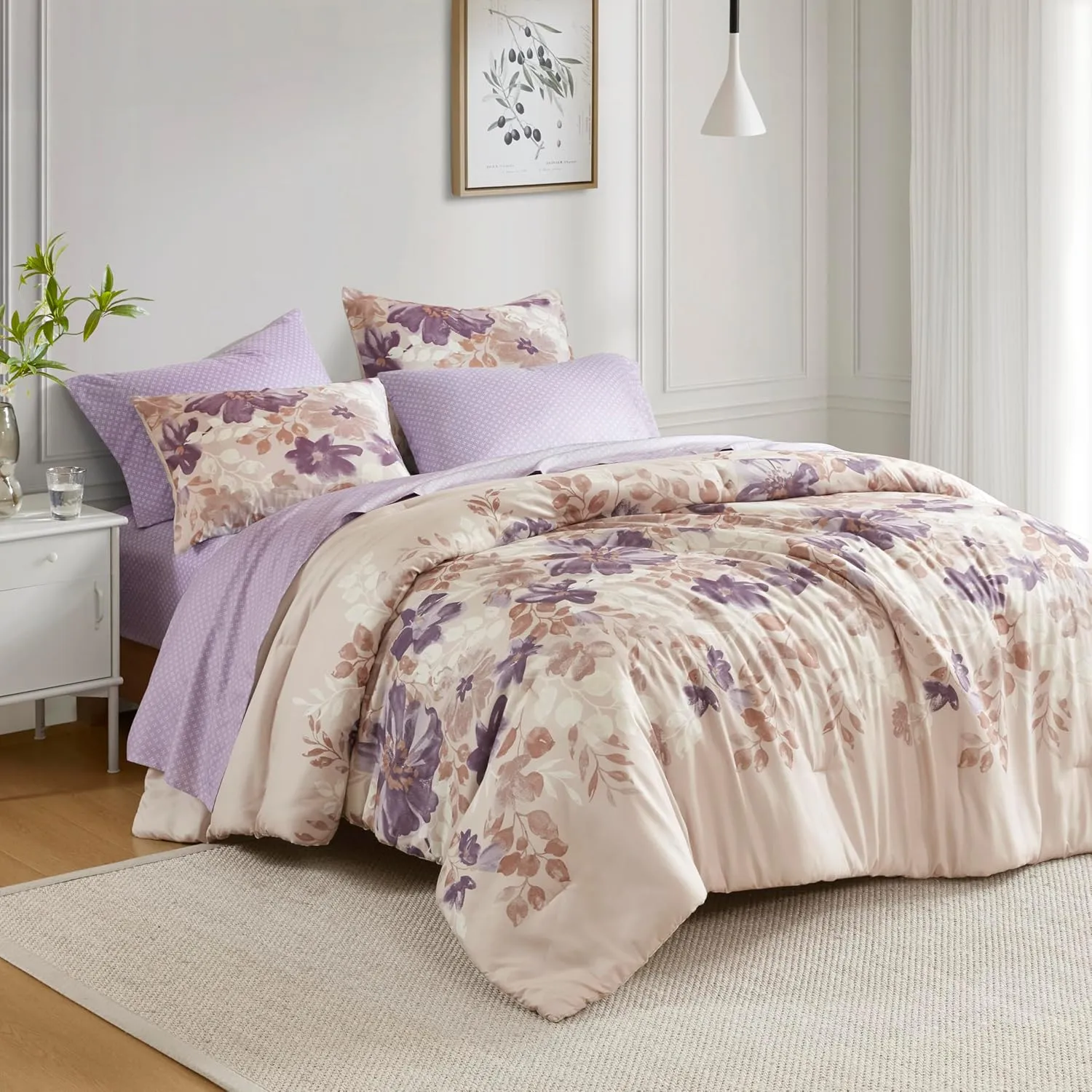 Madison Park Queen Comforter Set with Sheets, Floral Bed in A Bag Microfiber Comforter, Shabby Chic Queen Bedding Set Diamond Printed Sheet, Luna, Taupe 7 Piece