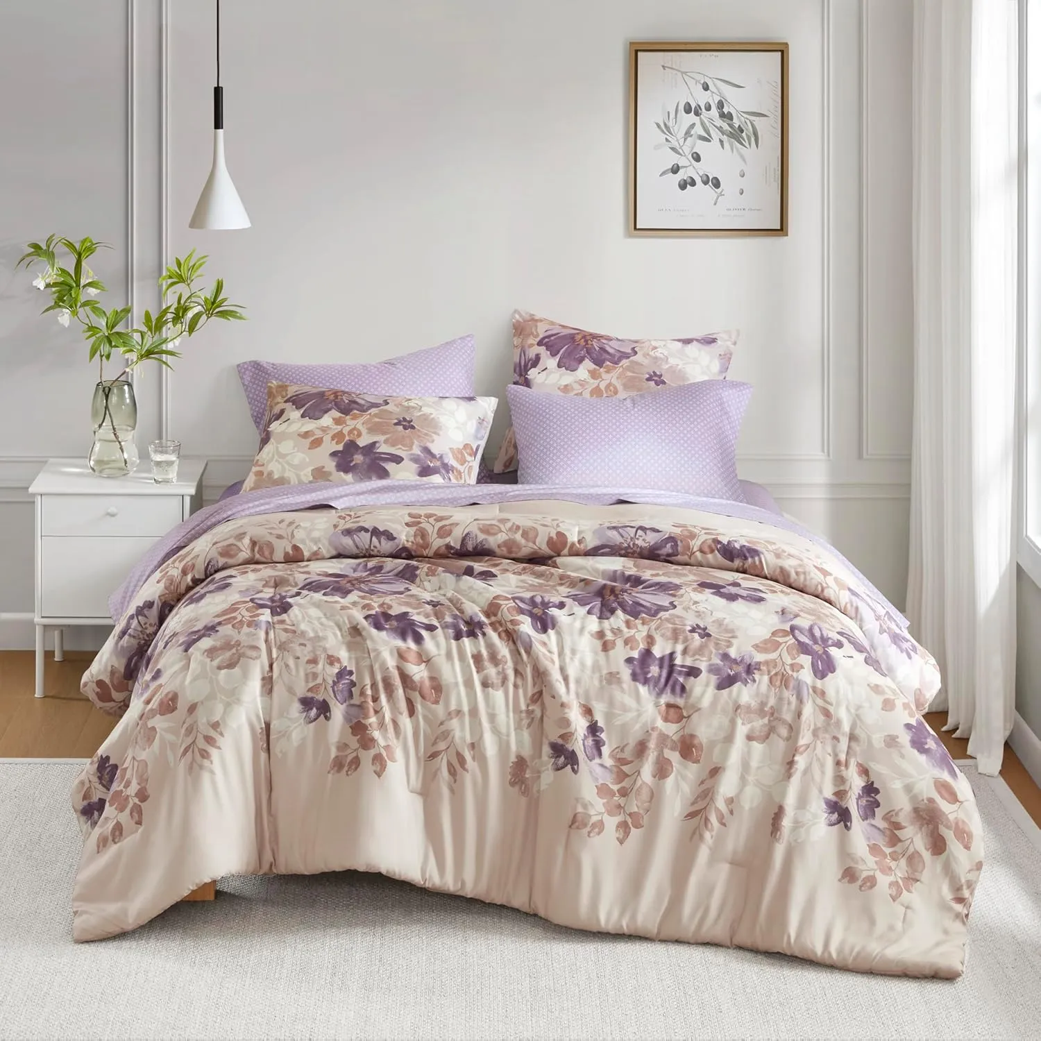 Madison Park Queen Comforter Set with Sheets, Floral Bed in A Bag Microfiber Comforter, Shabby Chic Queen Bedding Set Diamond Printed Sheet, Luna, Taupe 7 Piece