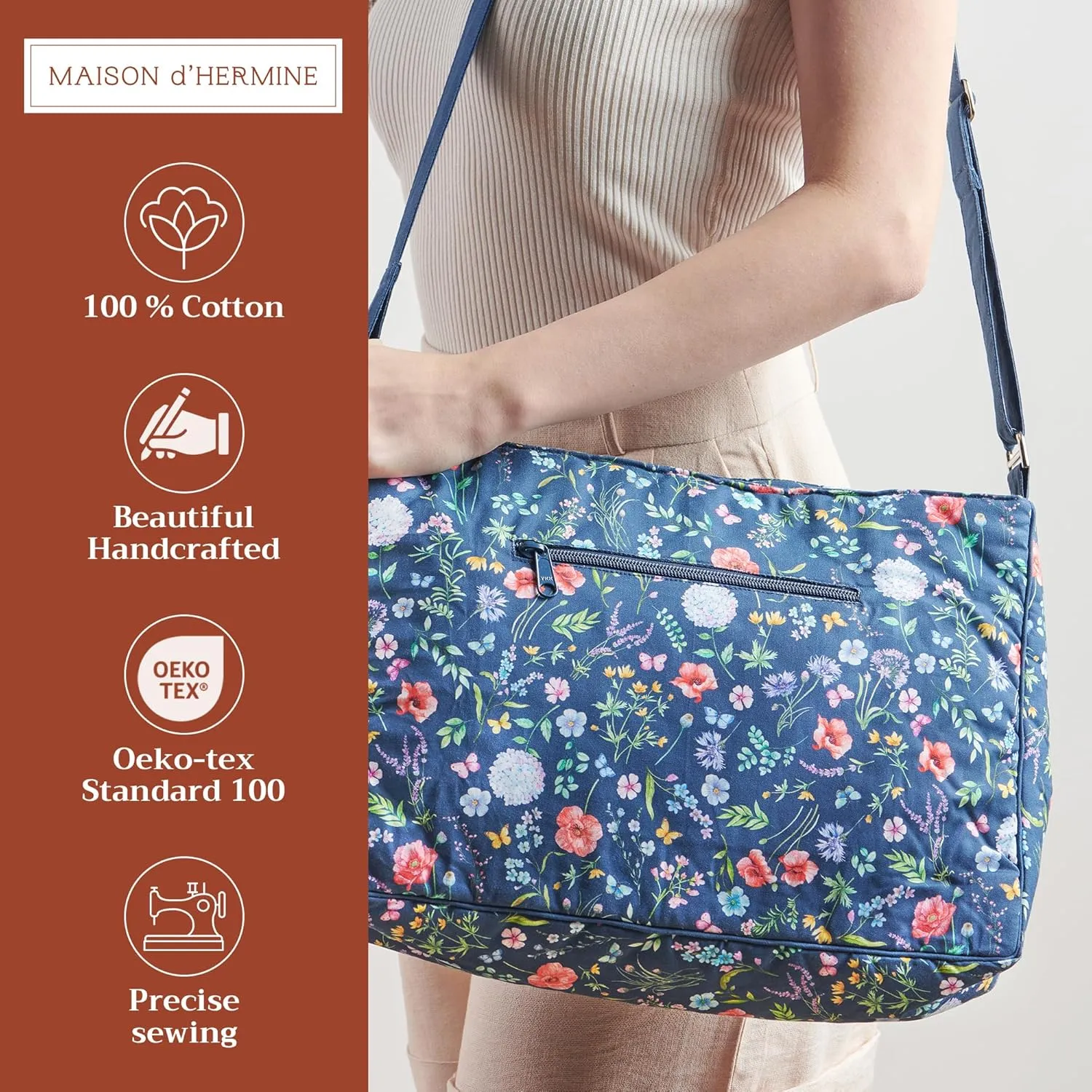 Maison d' Hermine Hand Bag Cotton Adjustable Shoulder Strap Cross Body Bag Tote purse with Zippered & Slip Pockets