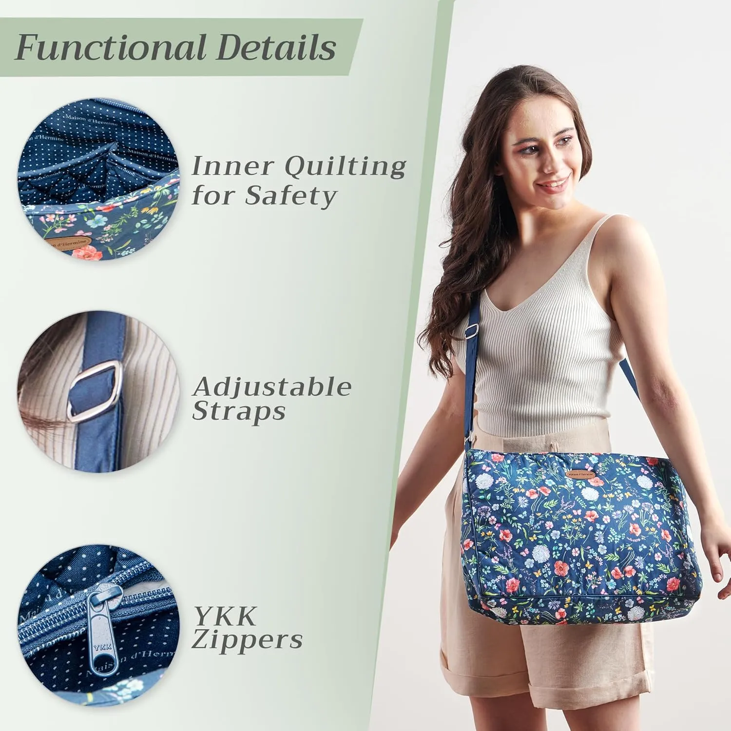 Maison d' Hermine Hand Bag Cotton Adjustable Shoulder Strap Cross Body Bag Tote purse with Zippered & Slip Pockets