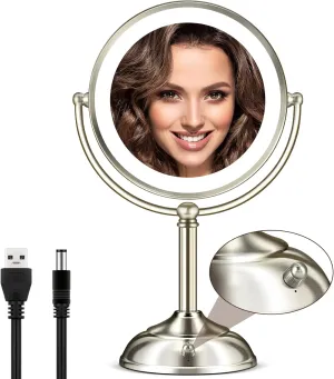 Makeup Mirror with Lights, 9" 20X Magnifying Mirror with Light and 3 Colors, Vanity Mirror with Lights and Adjustable Brightness, 2-Sided Desk Mirror with Light for Makeup, Nickel