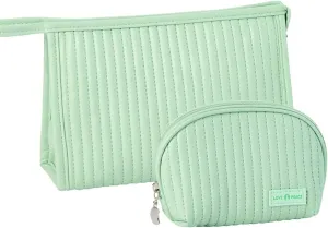 Makeup Pouch, 2 Pcs Cosmetic Bags for Women, Large Capacity Makeup Pouch with Mesh Pockets, Small Quilted Cosmetic Bag (Light Green)