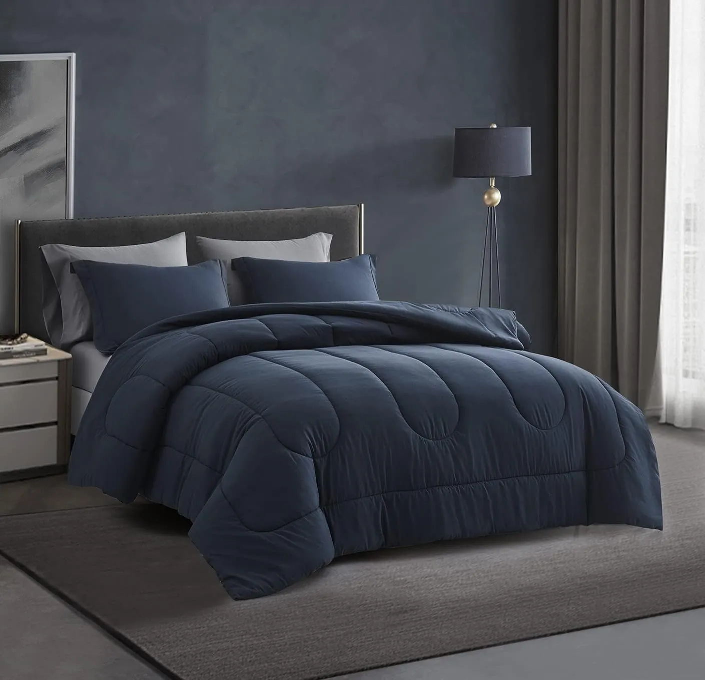 Maple&Stone Queen Size Comforter Set 7 Pieces Bed in a Bag - Down Alternative Bed Set with Sheets, Pillowcases & Shams, Soft Reversible Duvet Insert for Queen Bed, Navy & Dark Grey