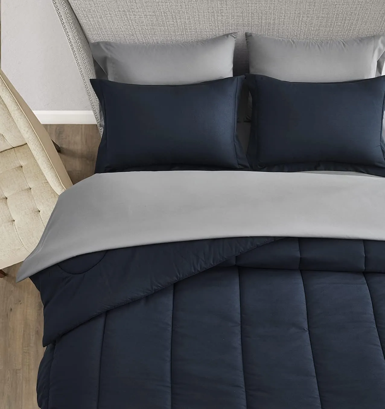 Maple&Stone Queen Size Comforter Set 7 Pieces Bed in a Bag - Down Alternative Bed Set with Sheets, Pillowcases & Shams, Soft Reversible Duvet Insert for Queen Bed, Navy & Dark Grey