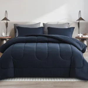 Maple&Stone Queen Size Comforter Set 7 Pieces Bed in a Bag - Down Alternative Bed Set with Sheets, Pillowcases & Shams, Soft Reversible Duvet Insert for Queen Bed, Navy & Dark Grey