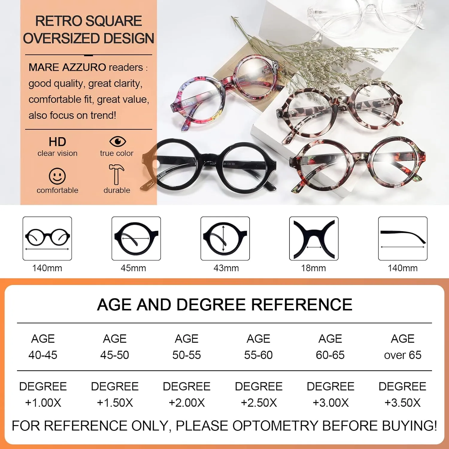 MARE AZZURO Round Reading Glasses 2.5 Women Stylish Readers 0 1.00 1.25 1.50 1.75 2.00 2.25 2.50 2.75 3.00 3.50 4.00 5.00 6.00 (Black 250)