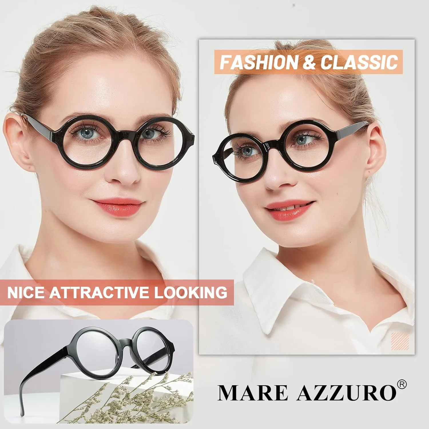 MARE AZZURO Round Reading Glasses 2.5 Women Stylish Readers 0 1.00 1.25 1.50 1.75 2.00 2.25 2.50 2.75 3.00 3.50 4.00 5.00 6.00 (Black 250)