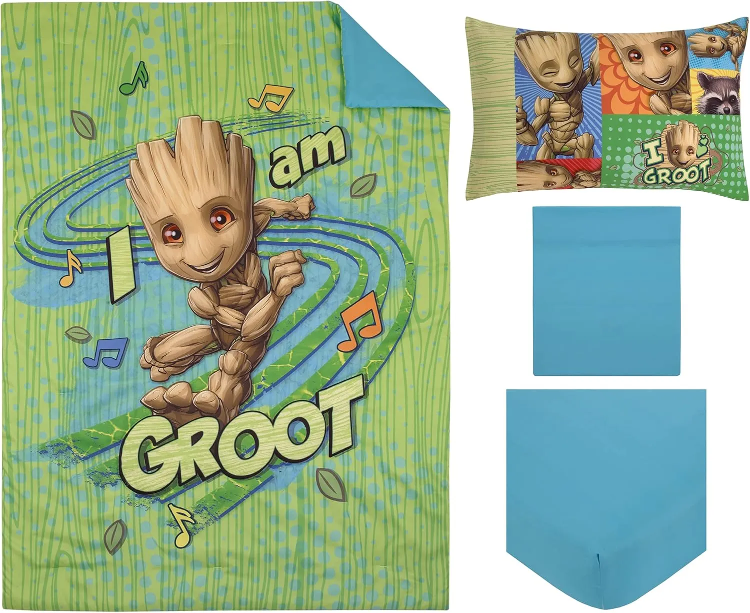 Marvel Guardians of The Galaxy I Am Groot Green and Blue 4 Piece Toddler Bed Set - Comforter, Fitted Bottom Sheet, Flat Top Sheet, and Reversible Pillowcase