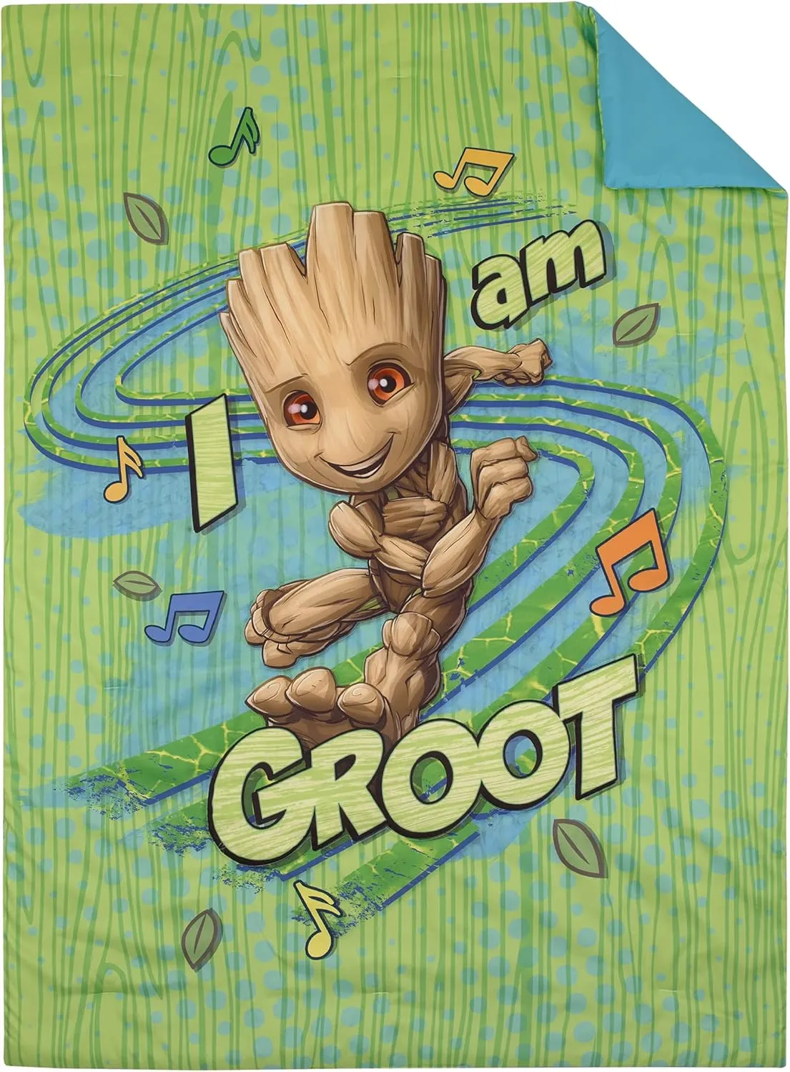 Marvel Guardians of The Galaxy I Am Groot Green and Blue 4 Piece Toddler Bed Set - Comforter, Fitted Bottom Sheet, Flat Top Sheet, and Reversible Pillowcase