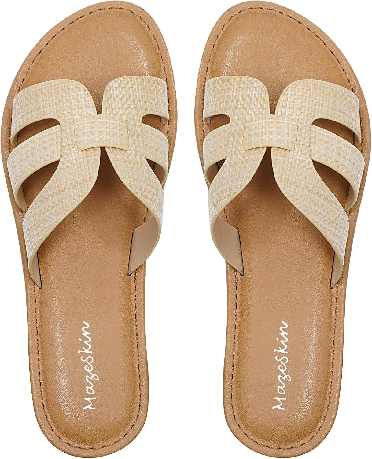 mazeskin Womens Memory Foam H-Band Summer Comfortable Dressy Flat Slide Sandals