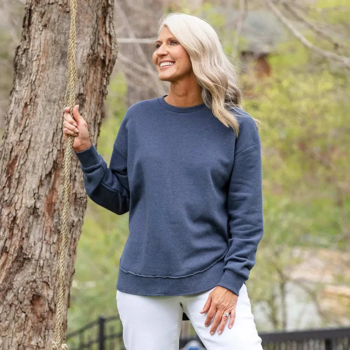 Melange Poncho Fleece: Long Sleeve Crew Neck Hi-Lo Round Bottom