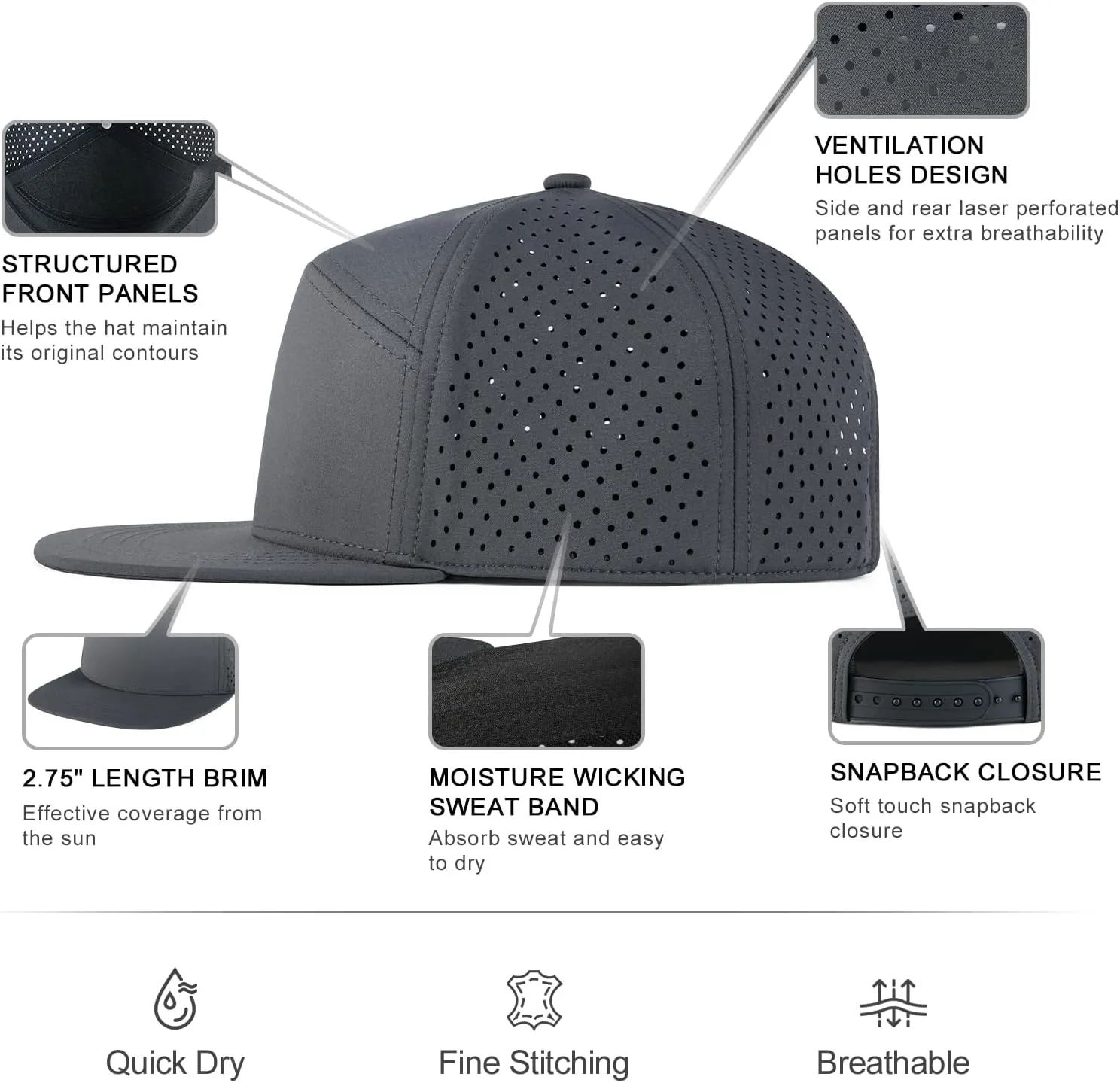 Men Flat Brim Adjustable Performance Hat Snapback Laser Perforated Baseball Cap