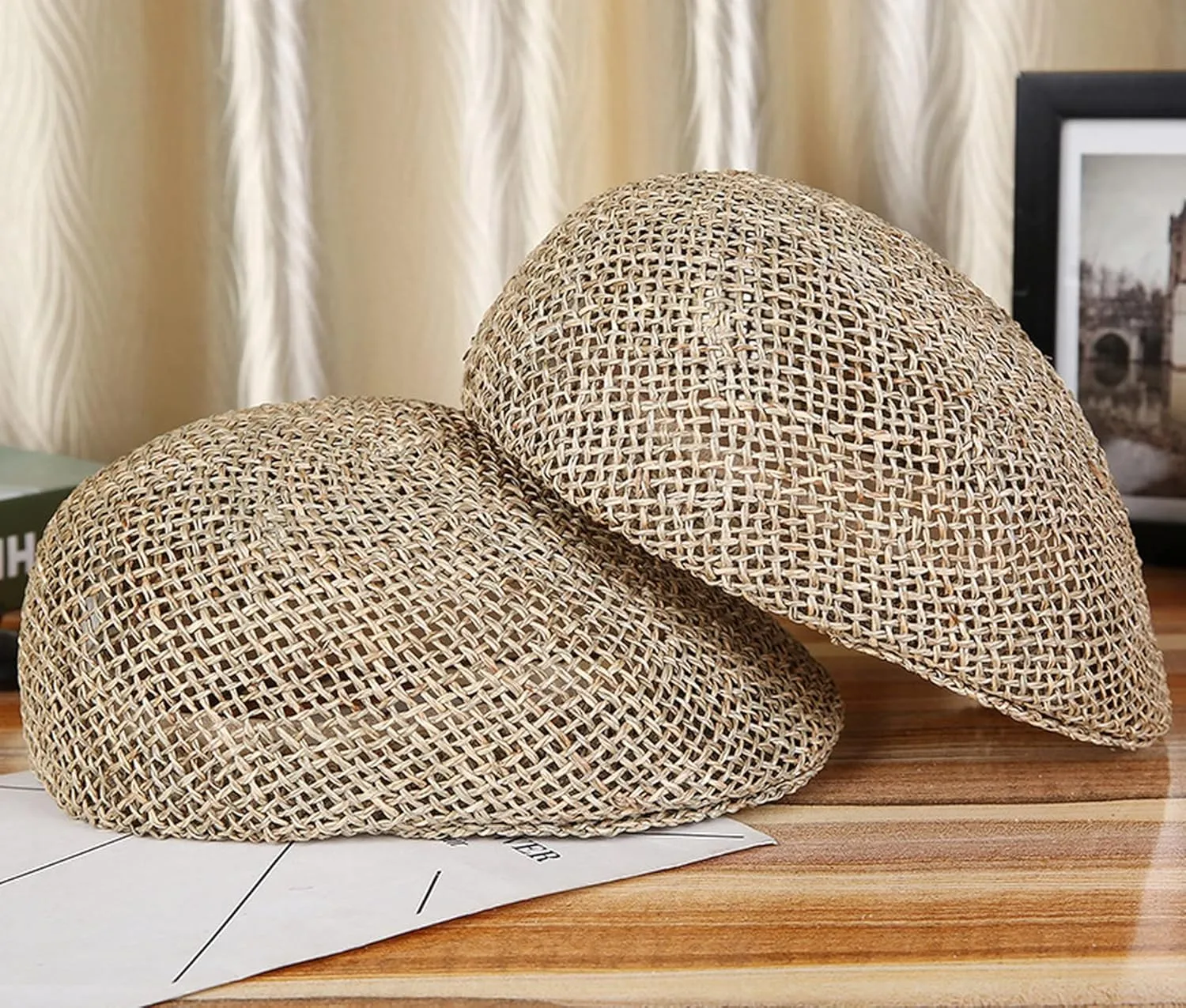 Men Mesh Summer Flat Cap Newsboy Beret Solid Ivy Cap Cabbie Driving Straw Hat