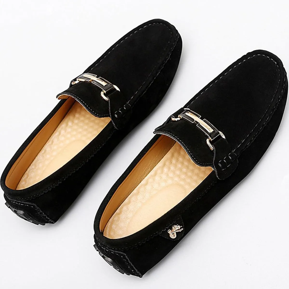 Men's Driving Loafers Black Slip-On with Suede Buckle Detail Moccasins