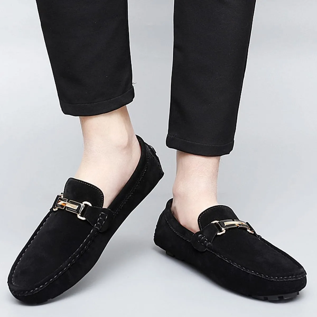 Men's Driving Loafers Black Slip-On with Suede Buckle Detail Moccasins