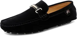 Men's Driving Loafers Black Slip-On with Suede Buckle Detail Moccasins