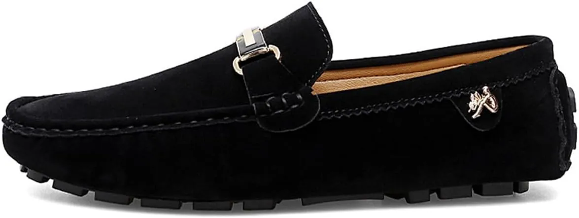 Men's Driving Loafers Black Slip-On with Suede Buckle Detail Moccasins
