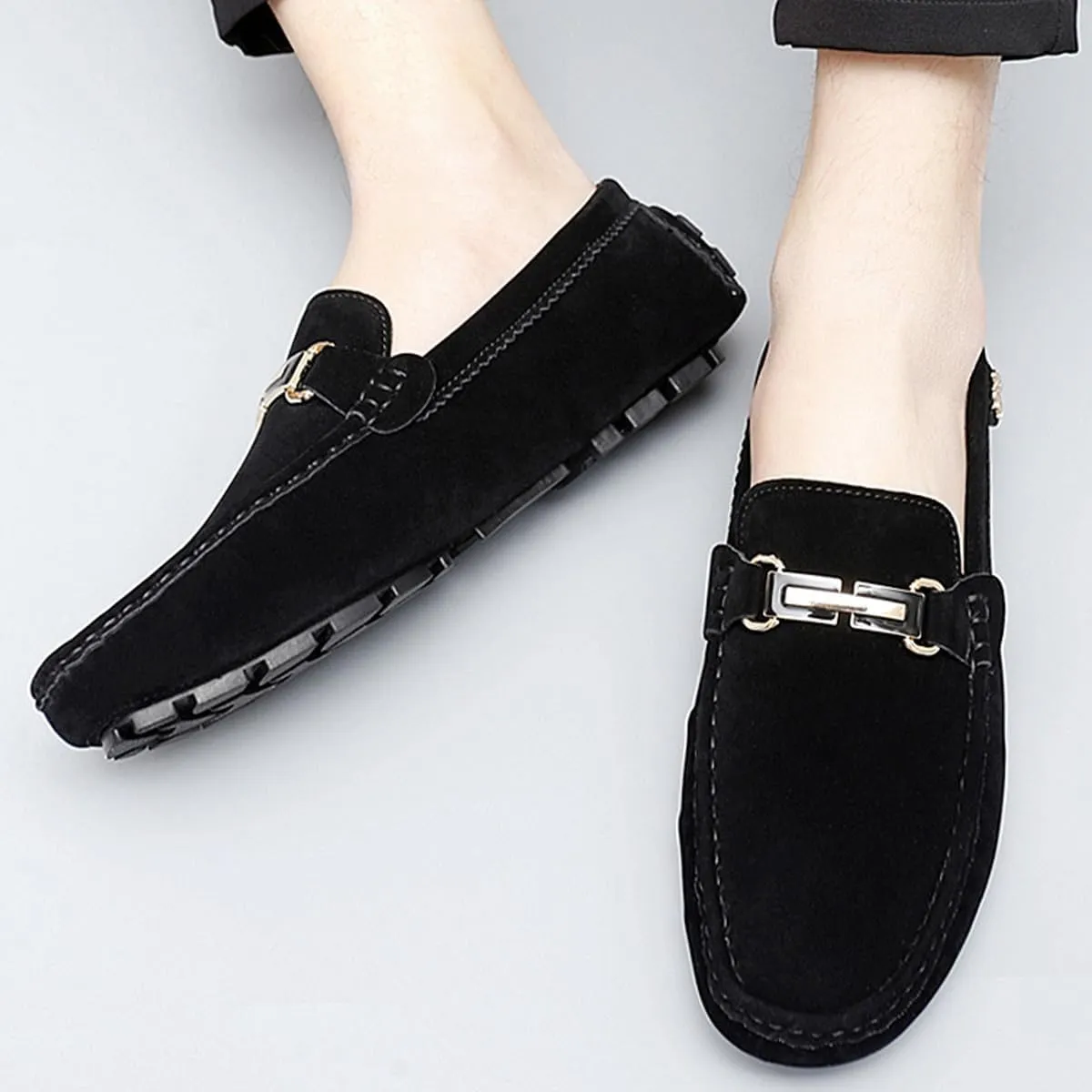 Men's Driving Loafers Black Slip-On with Suede Buckle Detail Moccasins