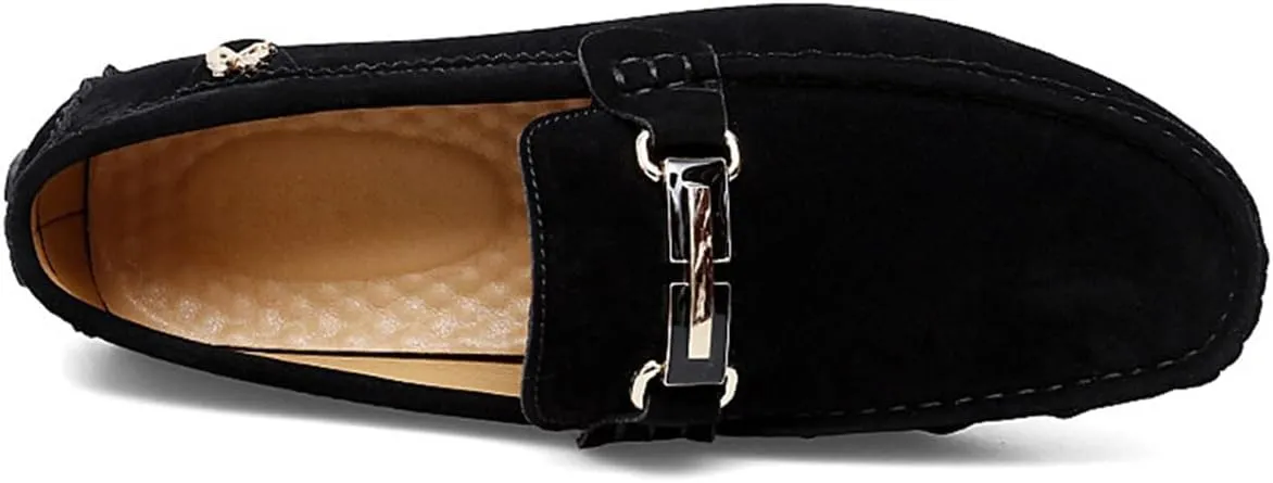 Men's Driving Loafers Black Slip-On with Suede Buckle Detail Moccasins